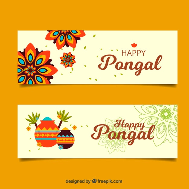 मुफ़्त वेक्टर flat banners with mandalas and decorative pots for pongal