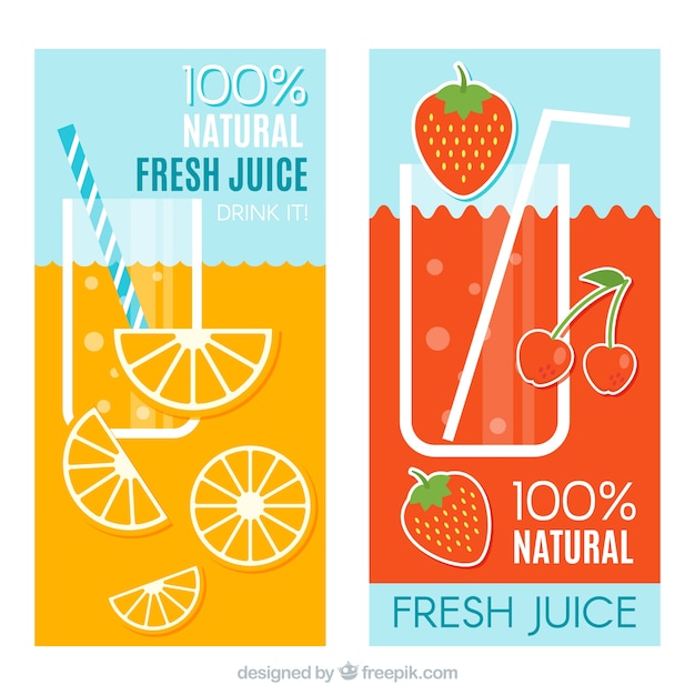 Flat banners with orange and strawberry juices