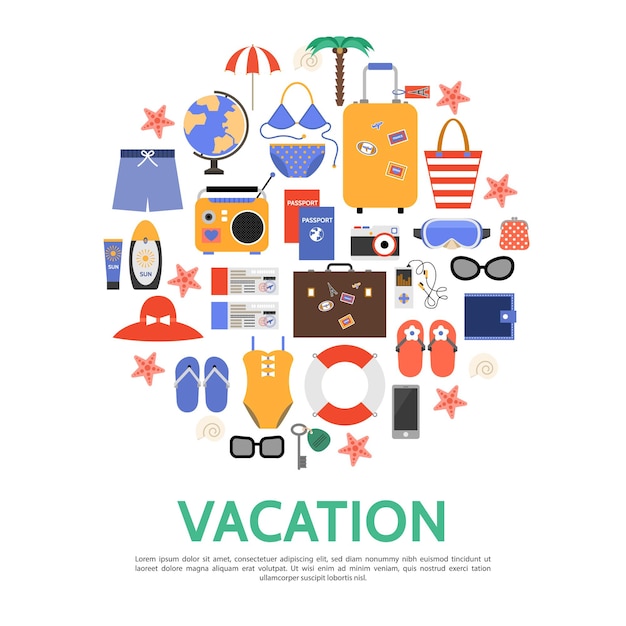 Бесплатное векторное изображение Плоский пляжный отдых концепция с сумками, пальмовый глобус, солнцезащитные очки, спасательный круг, бумажник, зонтик, билеты на паспорт