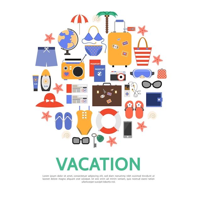 Flat beach vacation concept with bags palm globe sunglasses lifebuoy wallet umbrella passport tickets