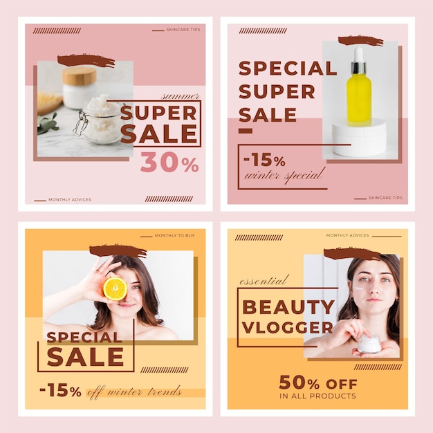 Free vector flat beauty instagram post pack