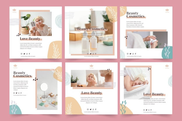 Free vector flat beauty instagram posts collection template