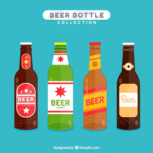 Flat beer bottle collection with label