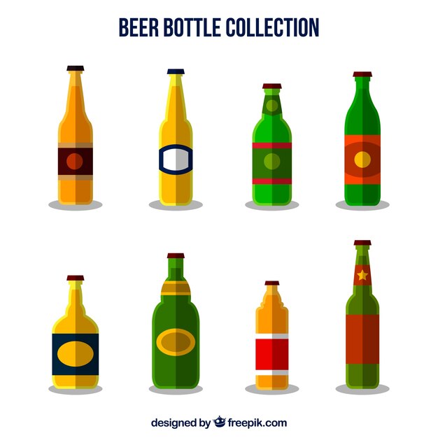 Flat beer bottle collection with label
