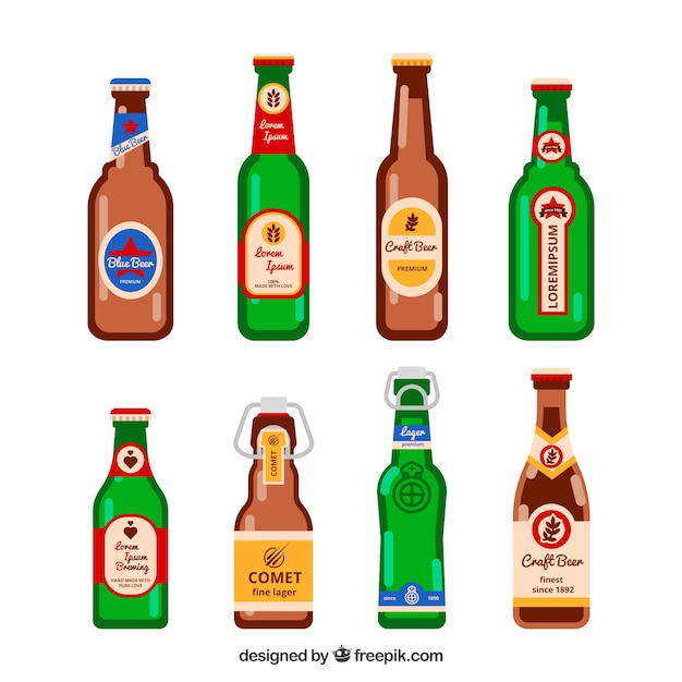 Flat beer bottle collection with label