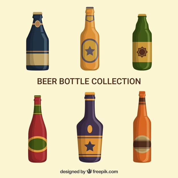 Flat beer bottle collection with label