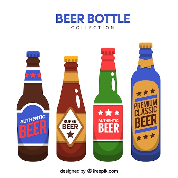 Бесплатное векторное изображение Коллекция плоских пивных бутылок с этикеткой