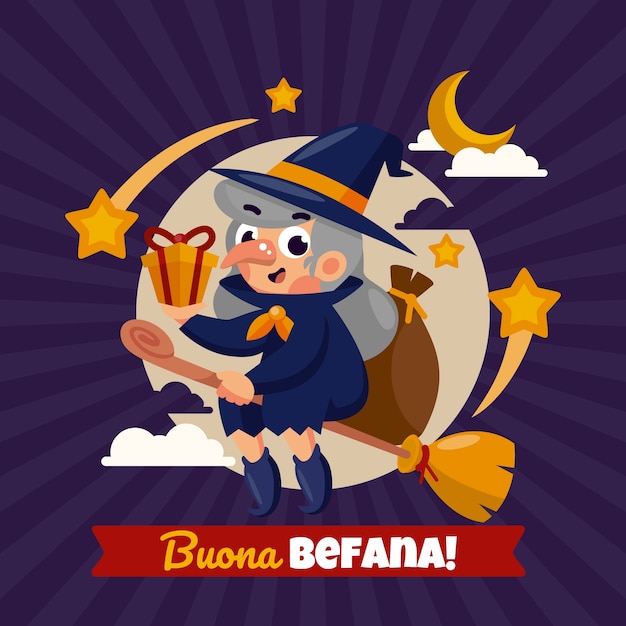 Vettore gratuito illustrazione di befana piatta