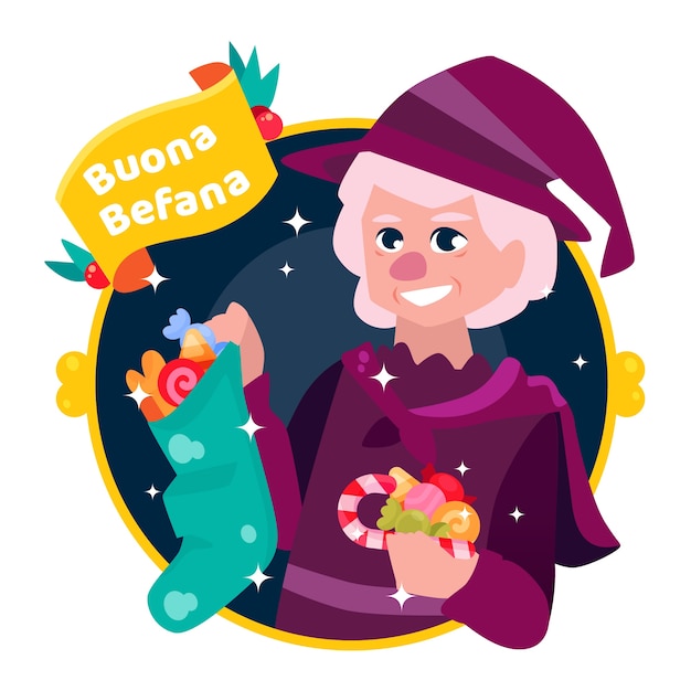 Illustrazione di befana piatta