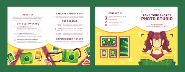 Vettore gratuito modello di brochure bifold piatto per la carriera di fotografo