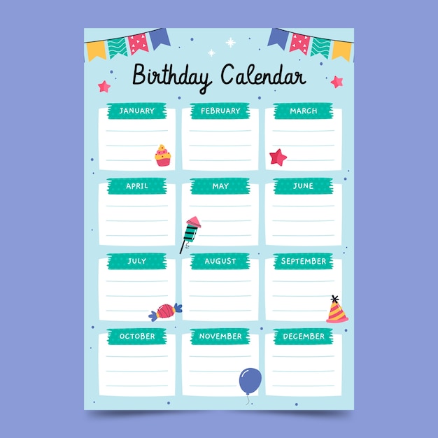 Flat birthday calendar template
