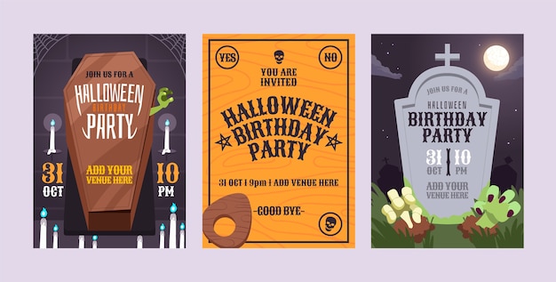 Vettore gratuito modelli di biglietti di compleanno piatti per la celebrazione di halloween