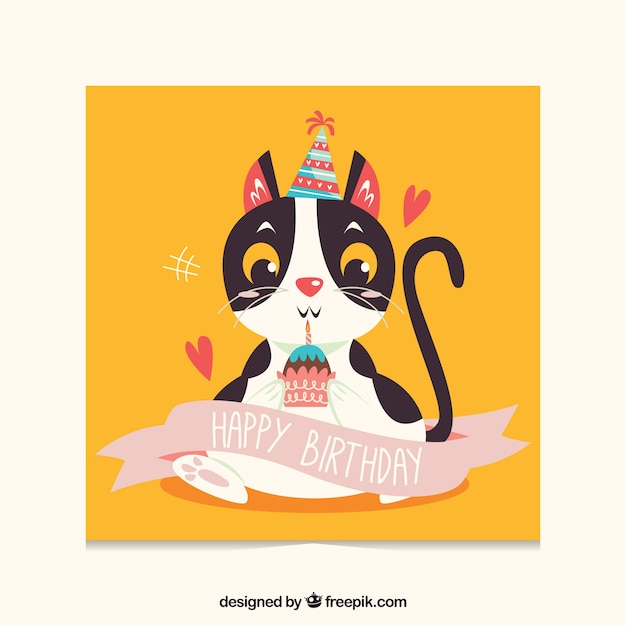 Free vector flat birthday card with a cat