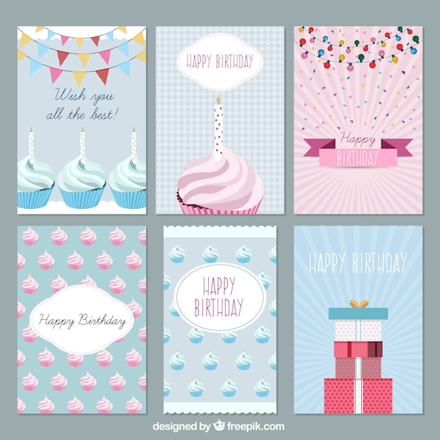 Vettore gratuito biglietti piatti birthday set