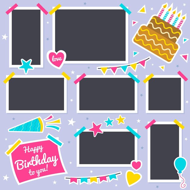 Flat birthday collage frame collection