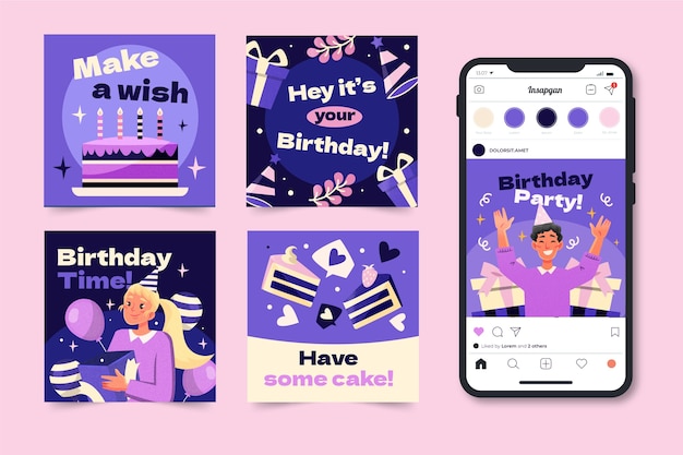 Free vector flat birthday instagram posts collection