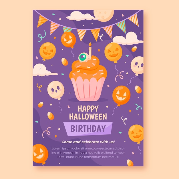 Vettore gratuito invito di compleanno piatto per halloween