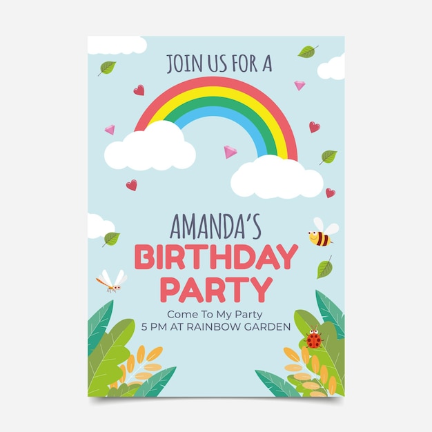 Free vector flat birthday invitation with rainbow