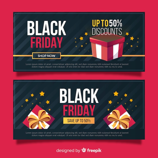 Flat black friday banners with gift boxes