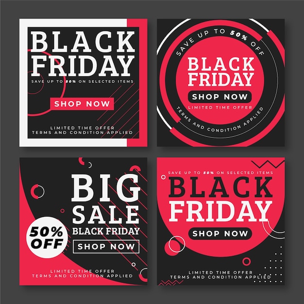 Vettore gratuito collezione di post instagram flat black friday