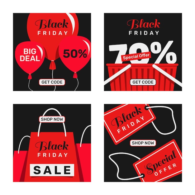 Vettore gratuito collezione di post instagram flat black friday