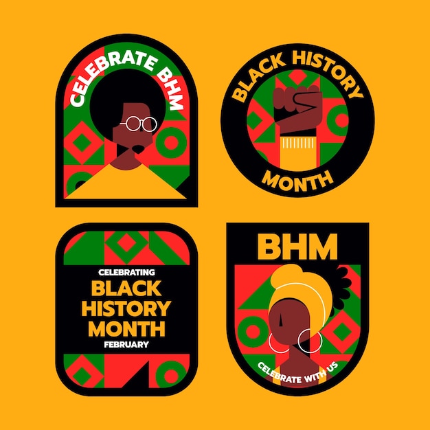 Flat black history month labels collection