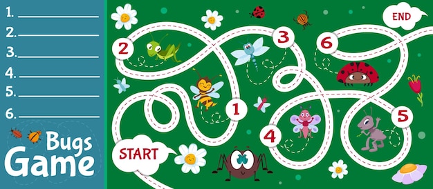 Free vector flat board game for children with insects ladybugs and grasshoppers