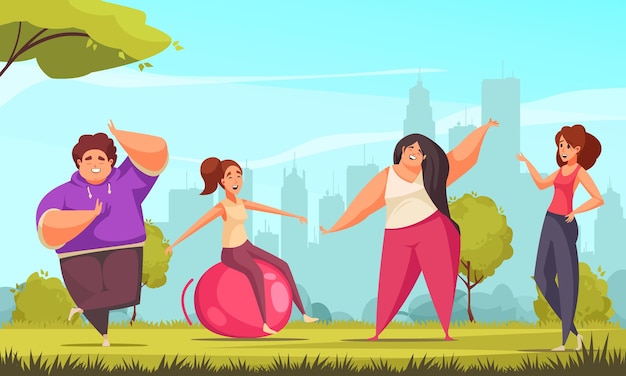 Flat body positive fitness composition with four people engaged in sports exercises illustration