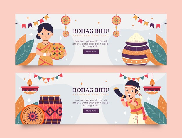 Flat bohag bihu horizontal banners set