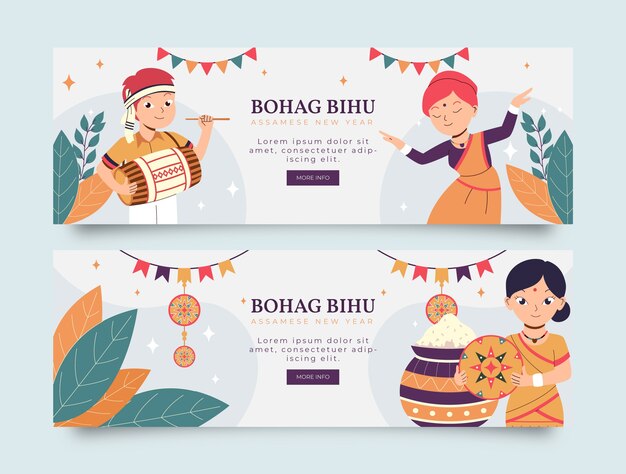 Flat bohag bihu horizontal banners set