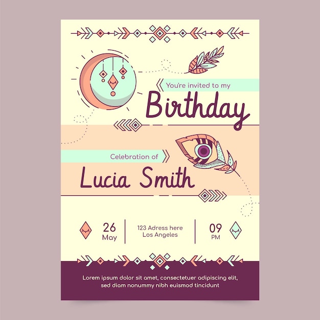 Free vector flat boho birthday invitation template