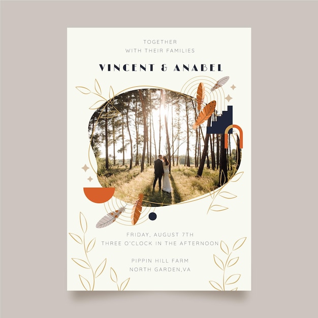 Flat boho wedding invitation template with photo