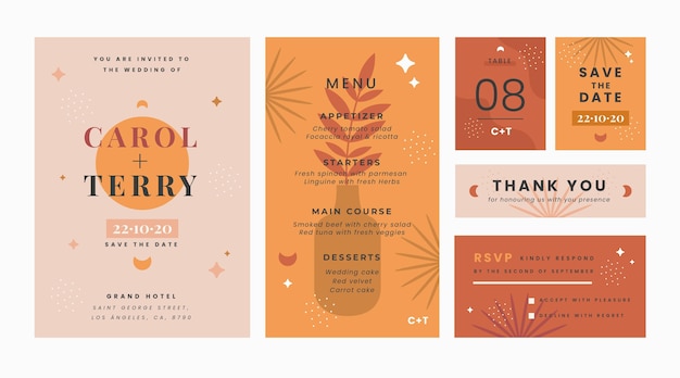 Free vector flat boho wedding stationery collection