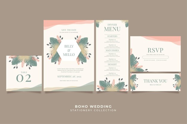 Flat boho wedding stationery collection