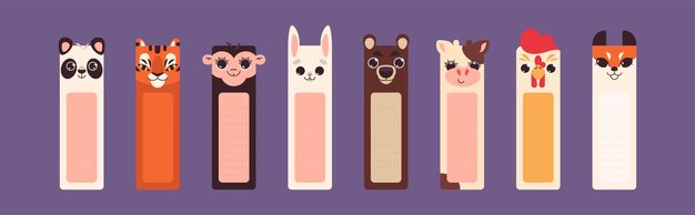 Flat bookmarks or paper stickers with cute square animal faces