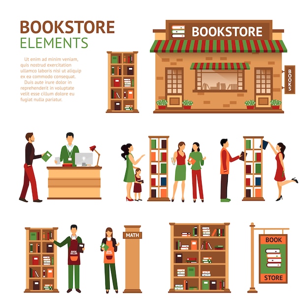 Flat bookstore elements images set