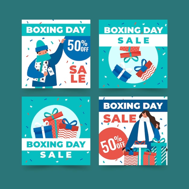 Vettore gratuito collezione di post di instagram di vendita di boxing day piatto