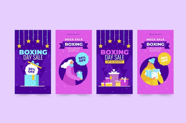 Vettore gratuito raccolta di storie di instagram di vendita di boxing day piatto