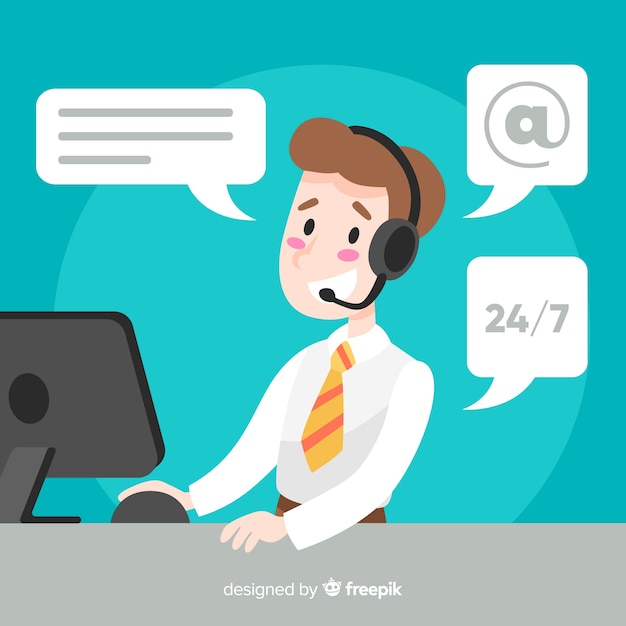 Free vector flat boy working in a call center background