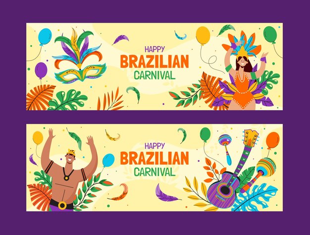 Flat brazilian carnival celebration horizontal banners set