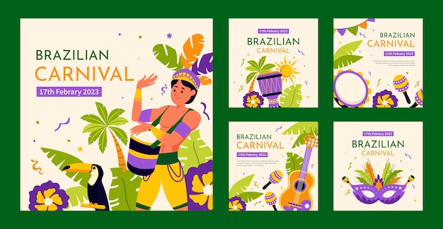 Free vector flat brazilian carnival celebration instagram posts collection