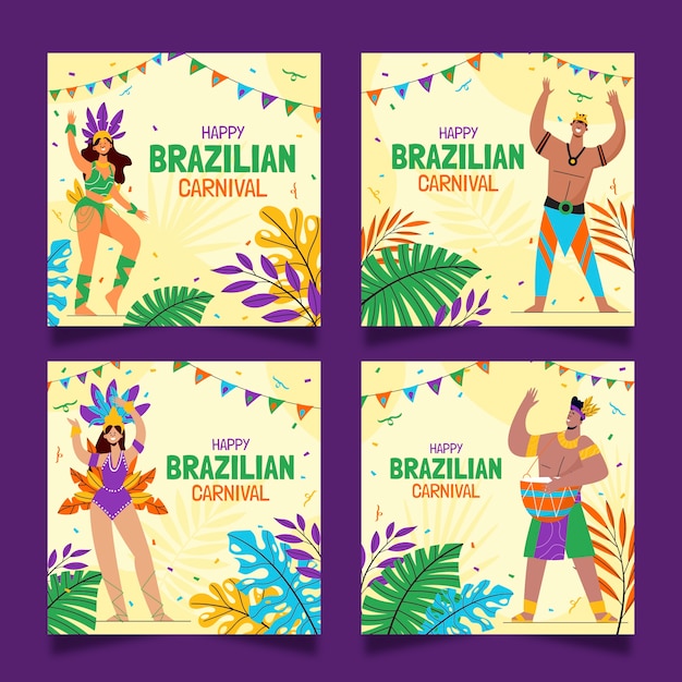 Vettore gratuito collezione di post di instagram per la celebrazione del carnevale brasiliano piatto