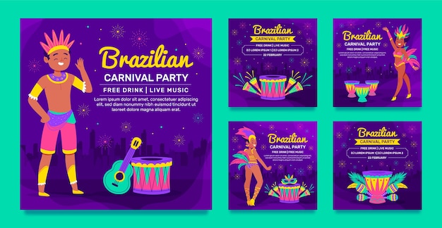 Free vector flat brazilian carnival celebration instagram posts collection