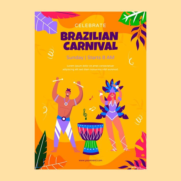 平らなブラジルのカーニバルのお祝いの垂直ポスターテンプレート