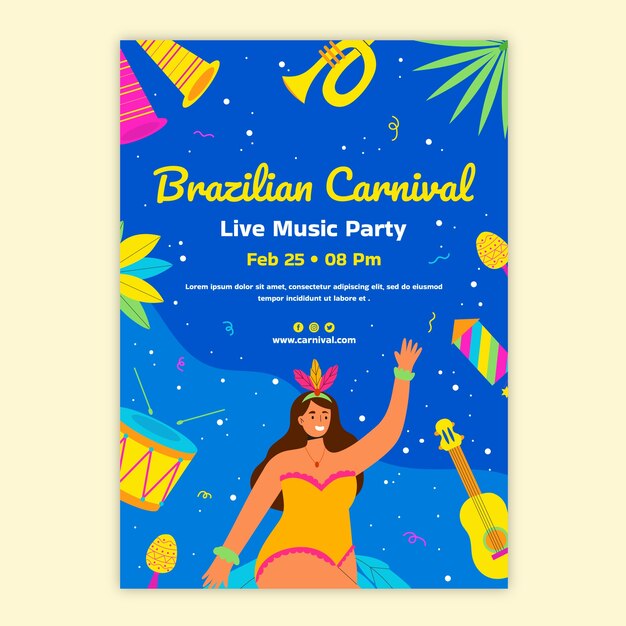 Flat brazilian carnival celebration vertical poster template