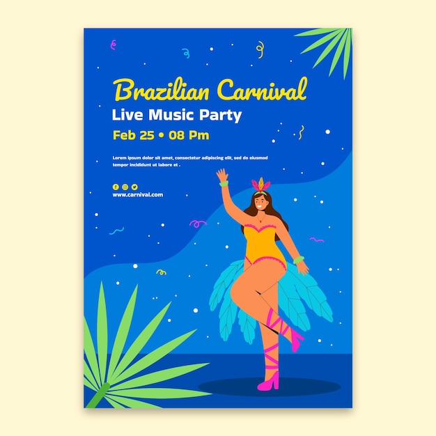 Vettore gratuito modello di poster verticale per la celebrazione del carnevale brasiliano piatto