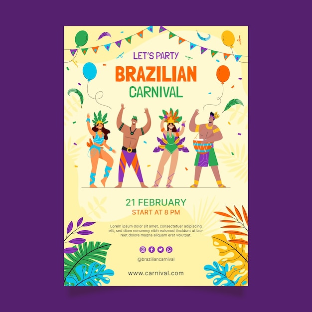 플랫 브라질 카니발 축하 세로 포스터 템플릿
