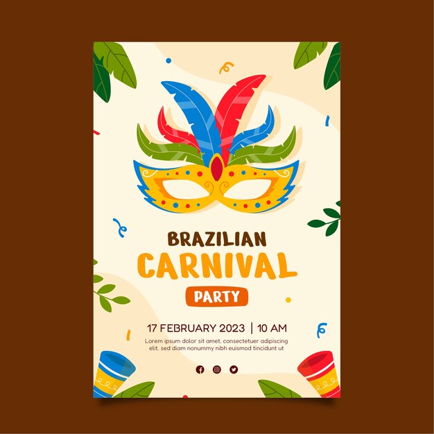 平らなブラジルのカーニバルのお祝いの垂直ポスターテンプレート