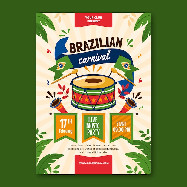 플랫 브라질 카니발 축하 세로 포스터 템플릿