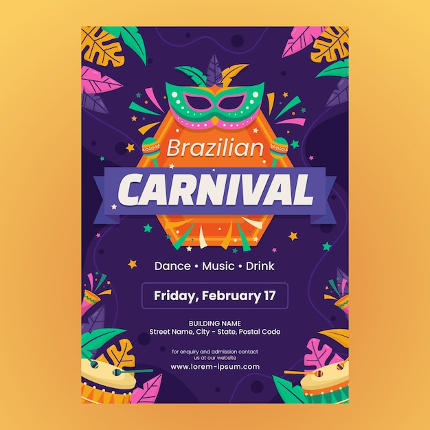 Vettore gratuito modello di poster verticale per la celebrazione del carnevale brasiliano piatto